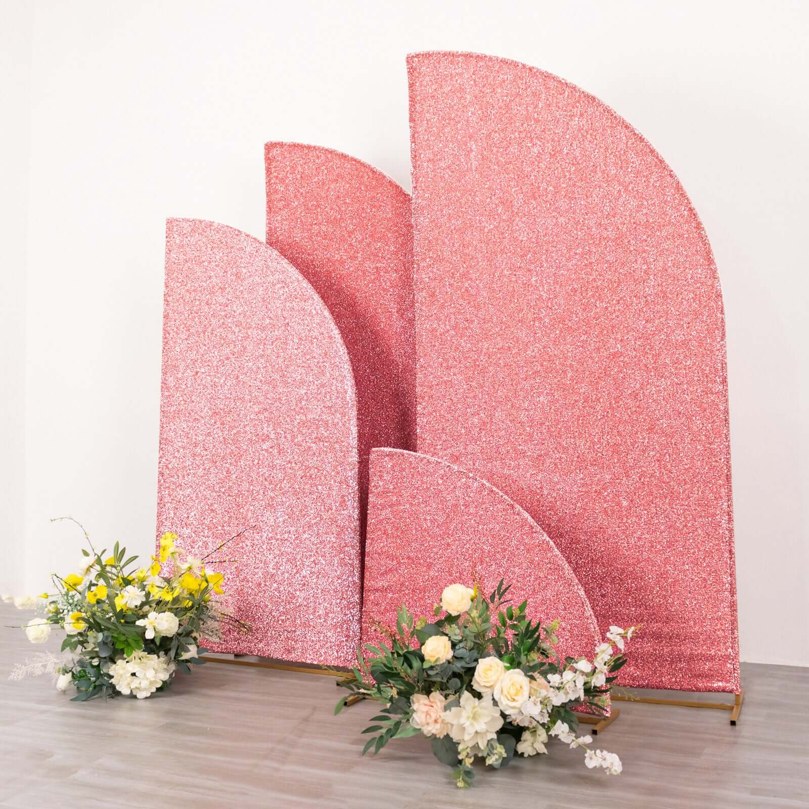Set of 4 Rose Gold Chiara Wedding Arch Covers Shimmer Tinsel Finish, Fitted Covers For Half Moon Backdrop Stands - 2.5ft, 5ft, 6ft, 7ft