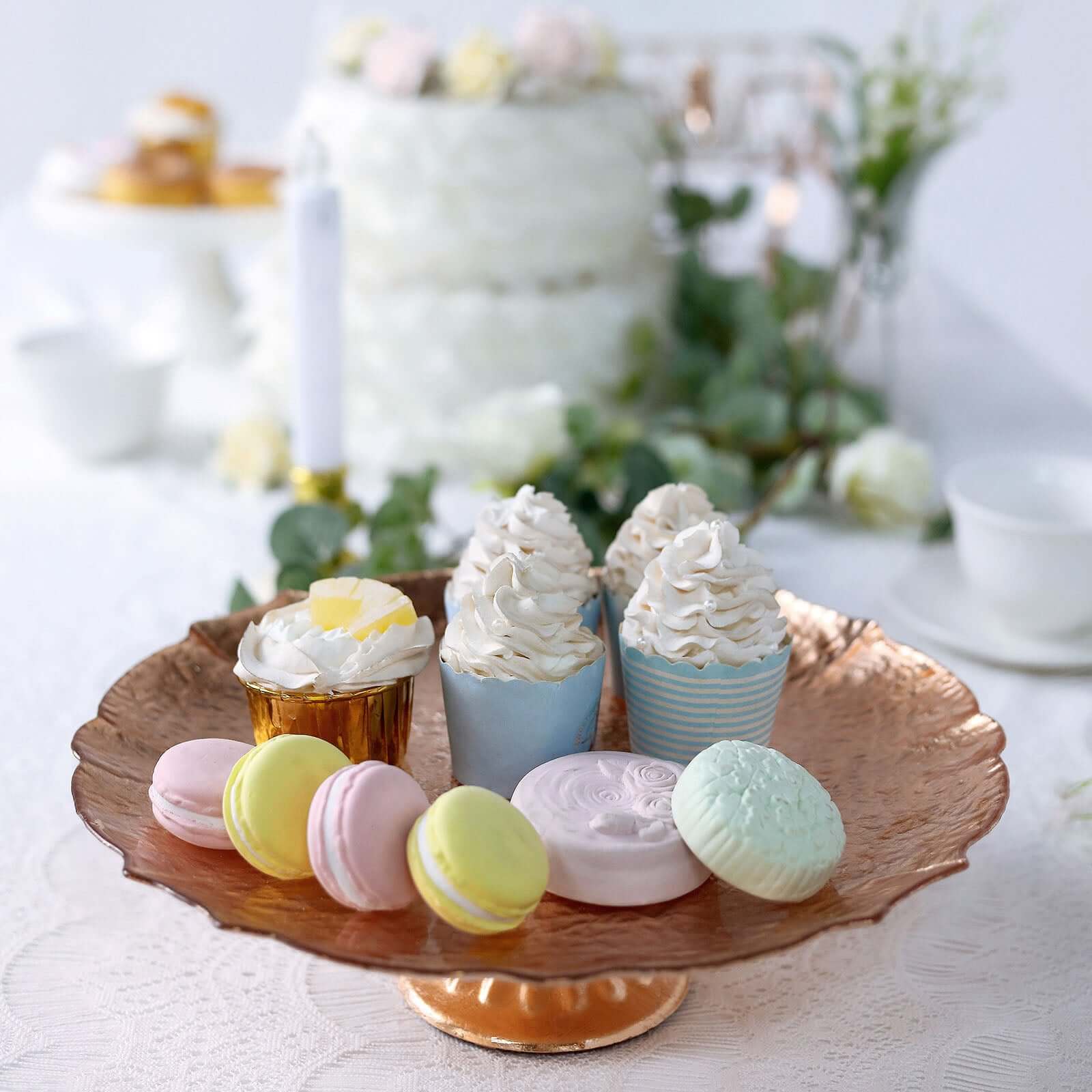 Glass Pedestal Cake Stand Scalloped Edge Design Rose Gold - Cupcake Holder and Dessert Display Plate 14"