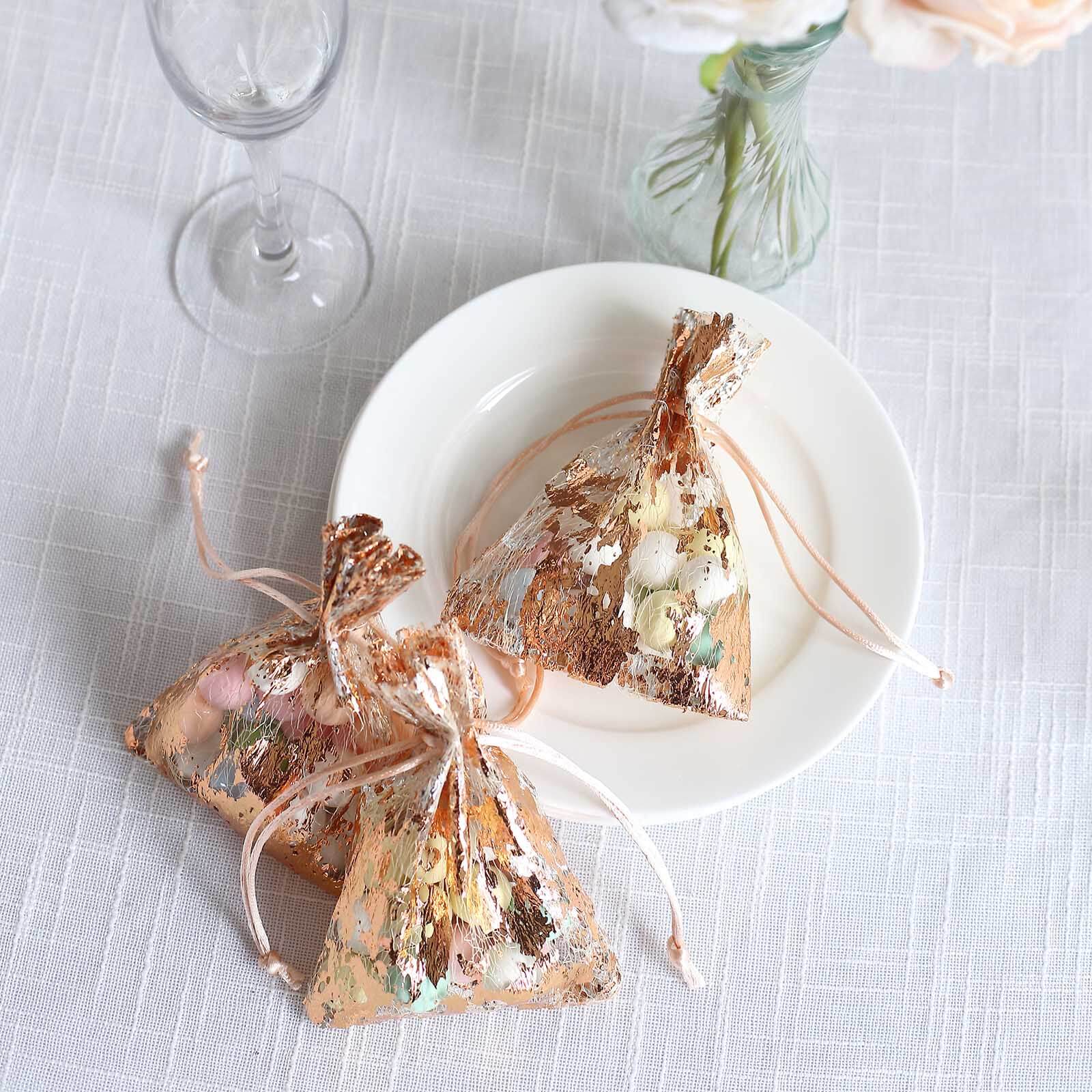 12 Pack Metallic Rose Gold Foil Polyester Drawstring Candy Bags, Wedding Party Favor Bags - 4"x5"