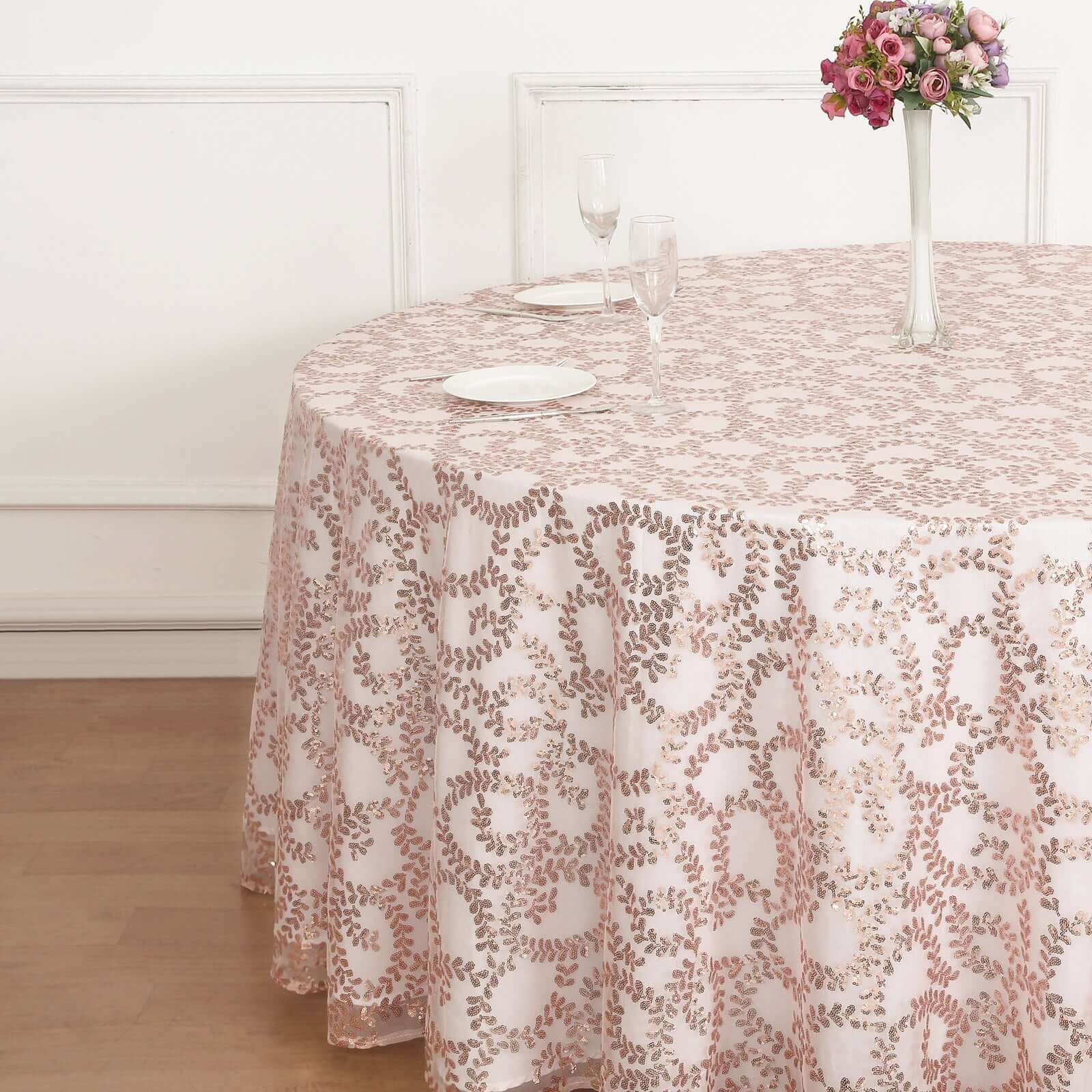 Tulle 120" Round Tablecloth Rose Gold - Seamless Sequin Leaf Embroidered Table Cover