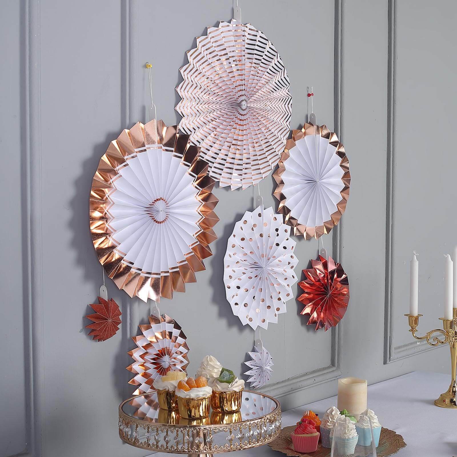 Set of 8 Gold Rose Gold Hanging Paper Fan Decorations, Pinwheel Wall Backdrop Party Kit - 4", 8", 12"