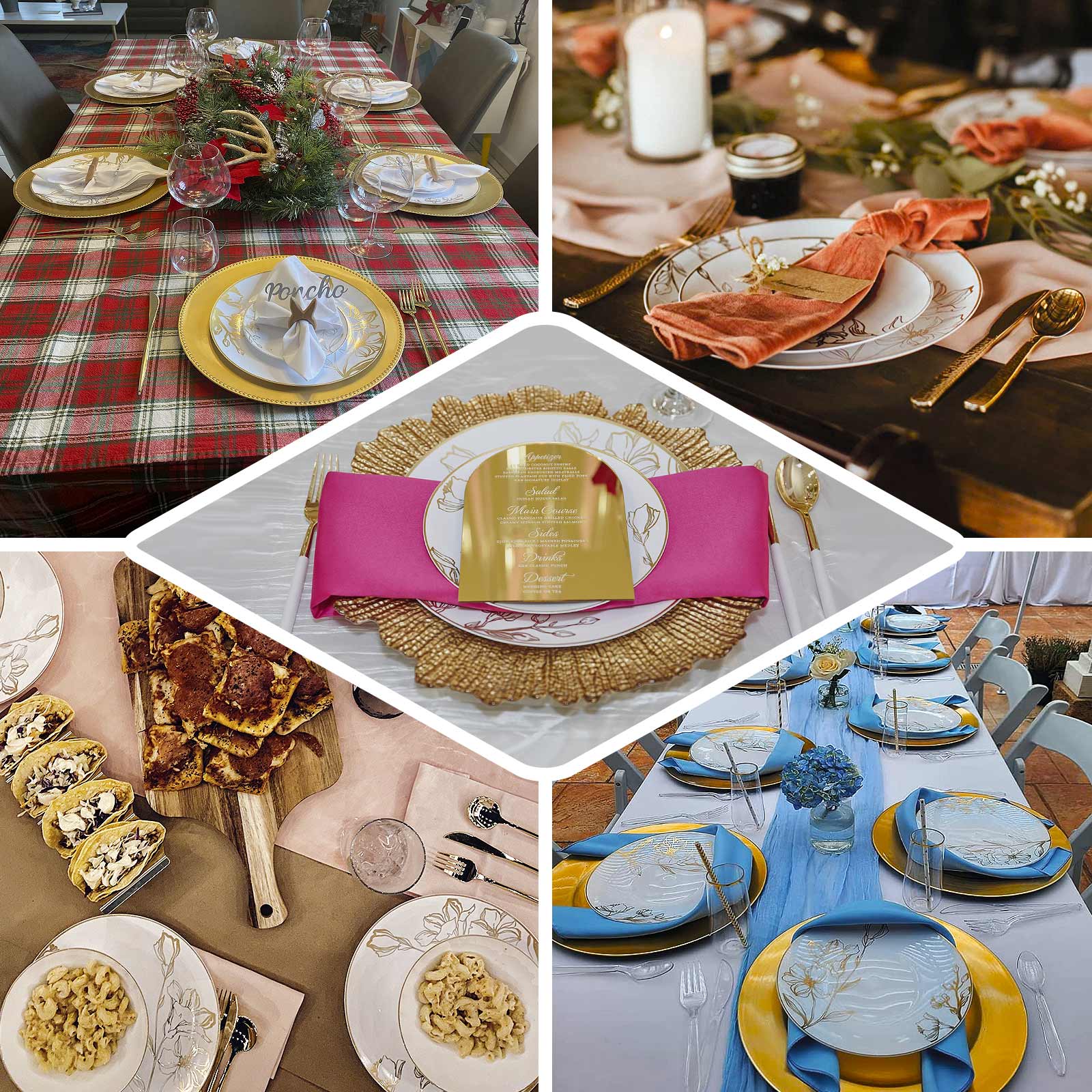 Set of 20 Plastic Round Dinner and Dessert Plates in Dusty Rose with Metallic Gold Floral Design - Stylish Disposable Dinnerware 8", 10"