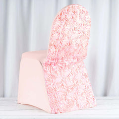 Satin Rosette Chair Cover for Banquet Chairs Blush - Stretch Fitted Slip-On Slipcover