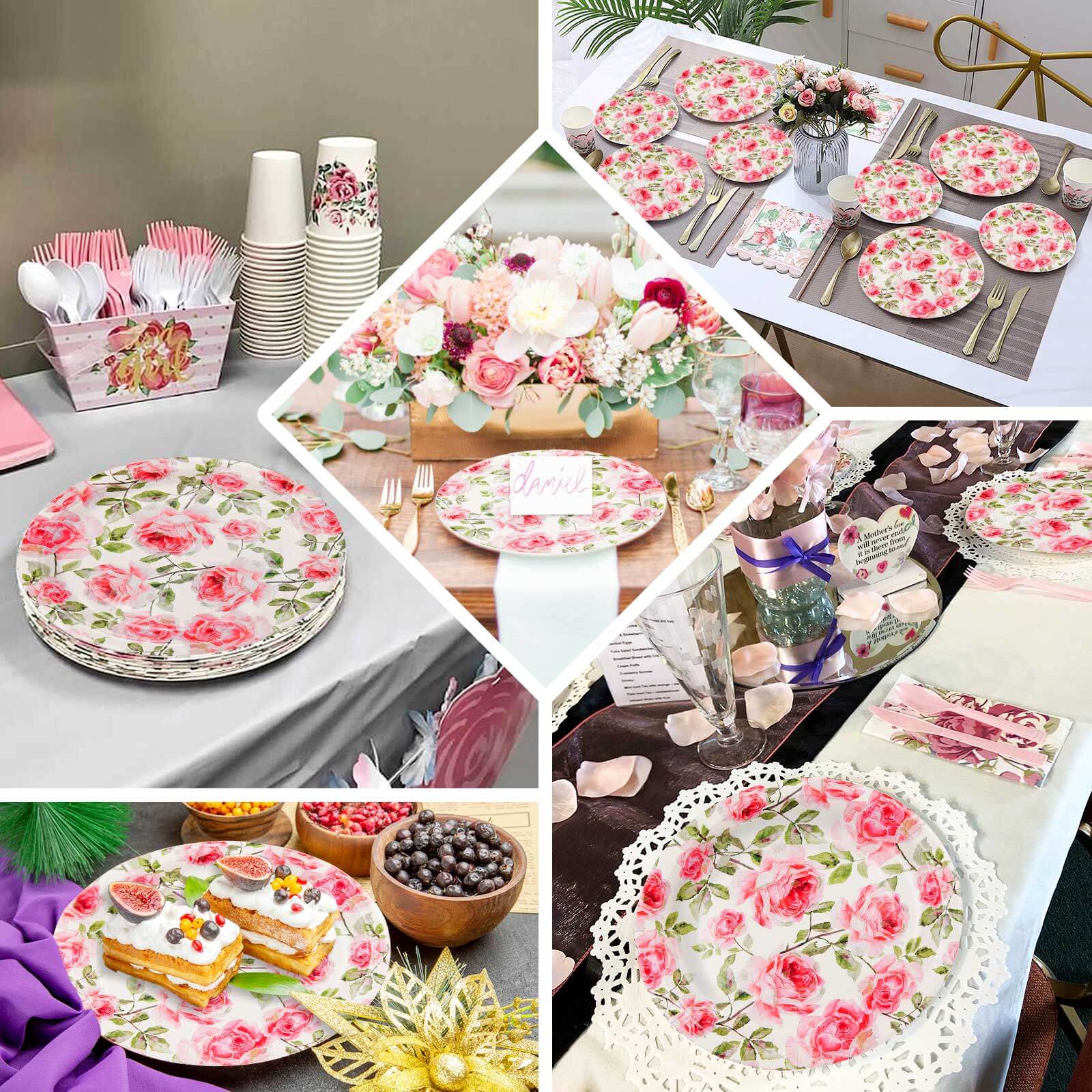 25 Pack Rose 9" Flower Bouquet Design Premium Dinner Paper Plates - 300 GSM
