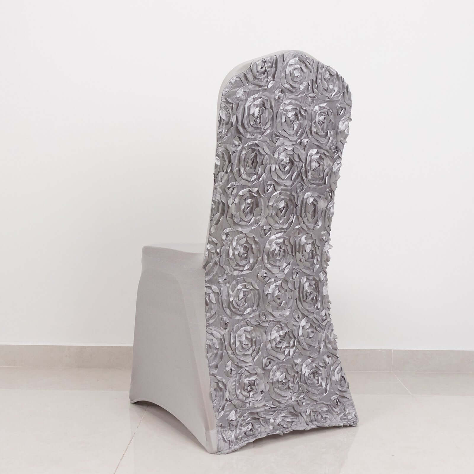 Satin Rosette Chair Cover for Banquet Chairs Silver - Stretch Fitted Slip-On Slipcover