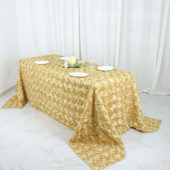 Satin 90"x132" Rectangle Tablecloth Champagne - Grandiose 3D Rosette Seamless Table Cover