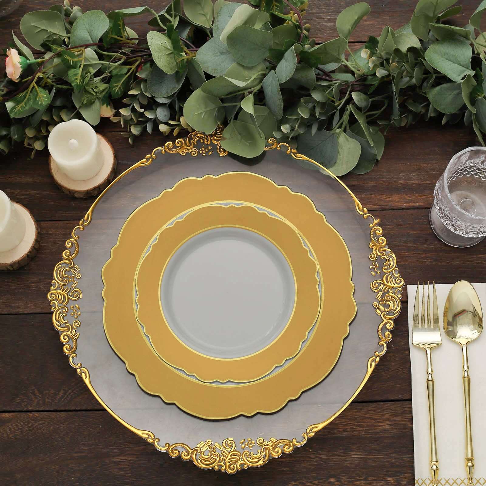10-Pack Plastic 8" Round Dessert Plates in White with Gold Blossom Design & Gold Edging - Disposable Salad Appetizer Plates for Modern & Classy Table Decor