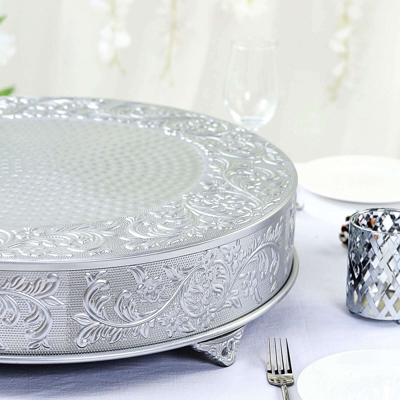 Metal 22" Round Cake Pedestal Stand Matte Silver - Cupcake Dessert Display Riser with Intricate Embossed Design for Upscale Events & Gatherings