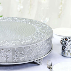 Metal 22" Round Cake Pedestal Stand Matte Silver - Cupcake Dessert Display Riser with Intricate Embossed Design for Upscale Events & Gatherings