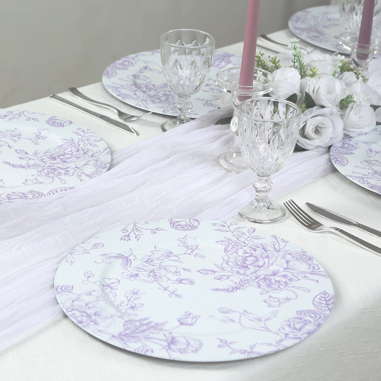6 Pack Round Floral Acrylic Charger Plates in French Toile Pattern, 13" Matte Lavender and White Dinner Charger Event Tabletop Decor