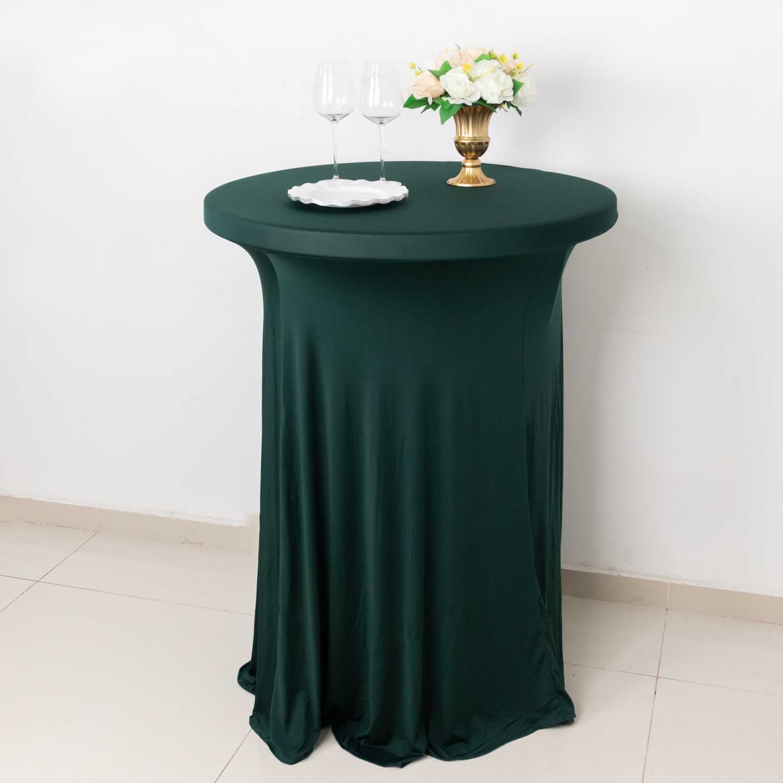 Spandex 32" Round Cocktail Table Cover Skirt Hunter Emerald Green With Natural Wavy Drapes