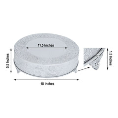 Metal 18" Round Cake Pedestal Stand Matte Silver - Cupcake Dessert Display Riser with Intricate Embossed Design for Upscale Events & Gatherings