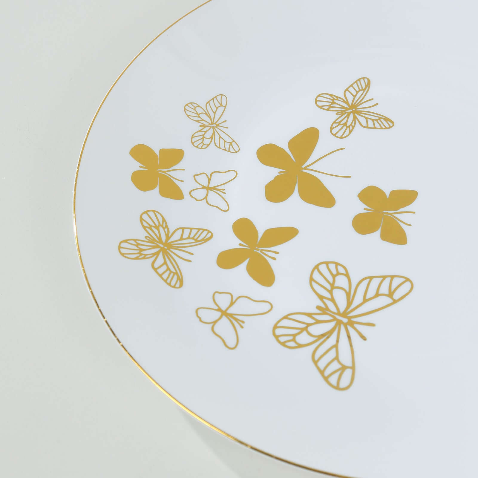Set of 20 Plastic Round Dinner and Salad Plates in White with Gold Butterfly Design & Gold Rim - Stylish Disposable Dinnerware for Buffets & Catered Events 8", 10"