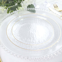 10-Pack Plastic 9" Round Dinner Plates in Clear Hammered Design with Gold Rim - Modern Disposable Party Plates for Events & Banquets