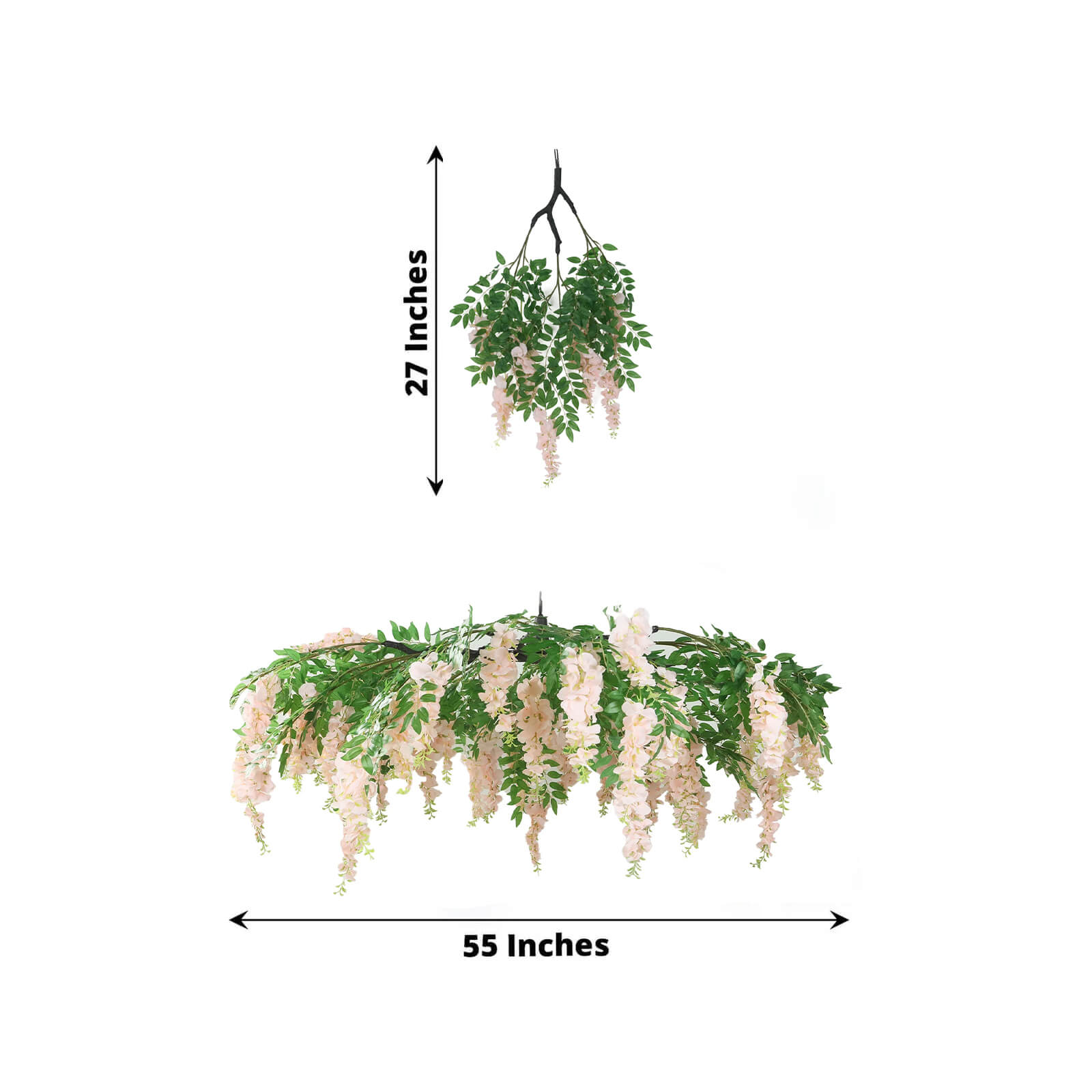 55" Blush Artificial Silk Wisteria Vine Round Hanging Canopy, Draping Garland Flower Chandelier With Interchangeable Branches