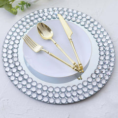 2-Pack Mirror Glass Round Charger Plates 13" with Silver Mirror Diamond Beaded Rim, Upscale Decorative Chargers