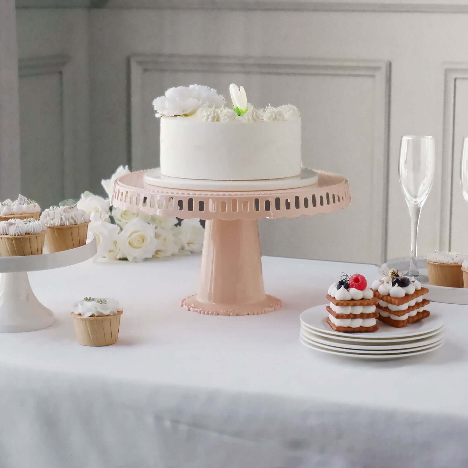 4-Pack Plastic Round Pedestal Cake Stands Blush - Reusable Cupcake Pastry Display Risers with Hollow Ribbon Trim Edges for Stylish Dessert Presentation 13"