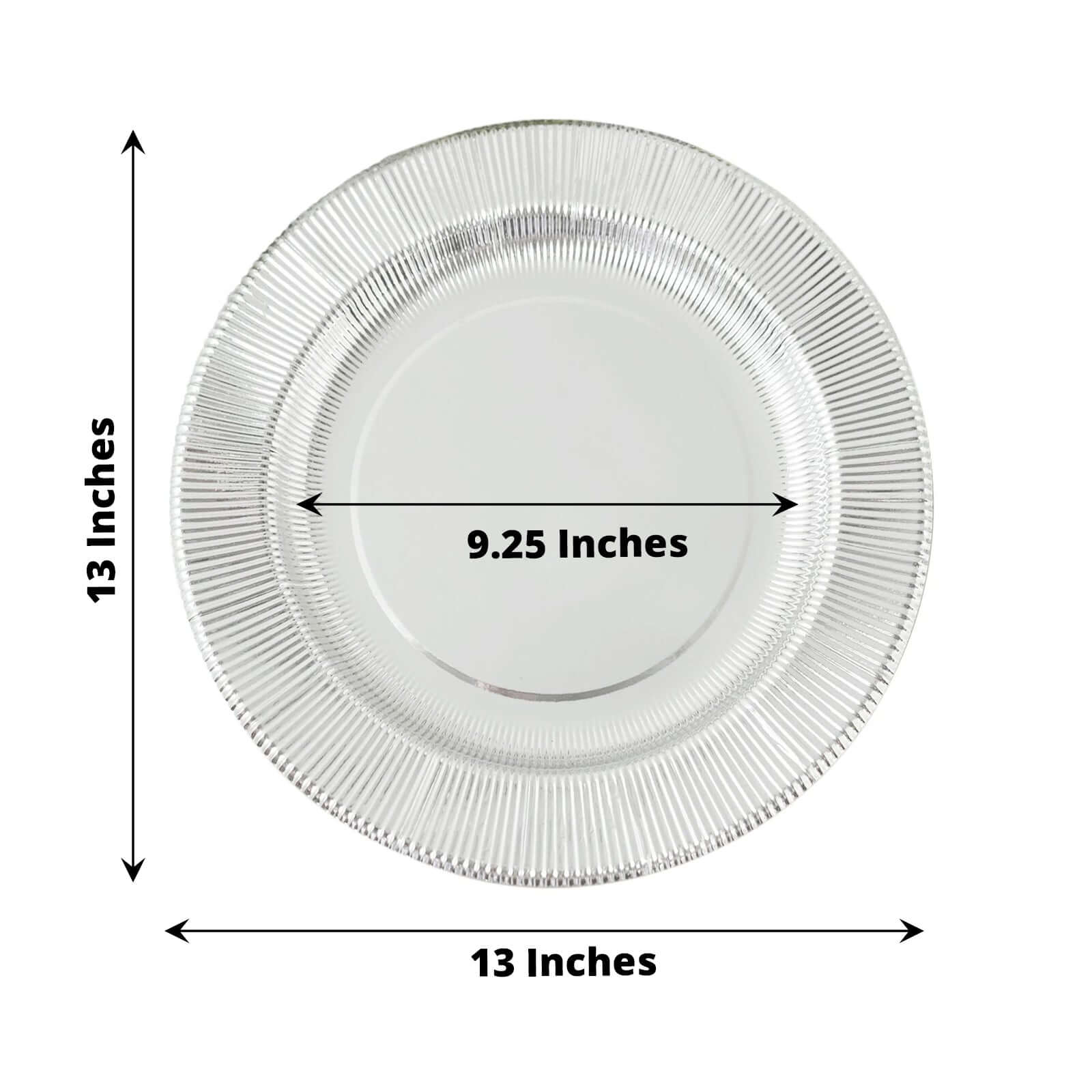 25-Pack Disposable Round Charger Plates in Metallic Silver Sunray Design - 350GSM Heavy Duty Paper Chargers 13"