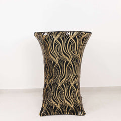 Spandex 32" Round Cocktail Table Cover Black/Gold with Wave Embroidered Sequins - Glamorous Design for Upscale Events