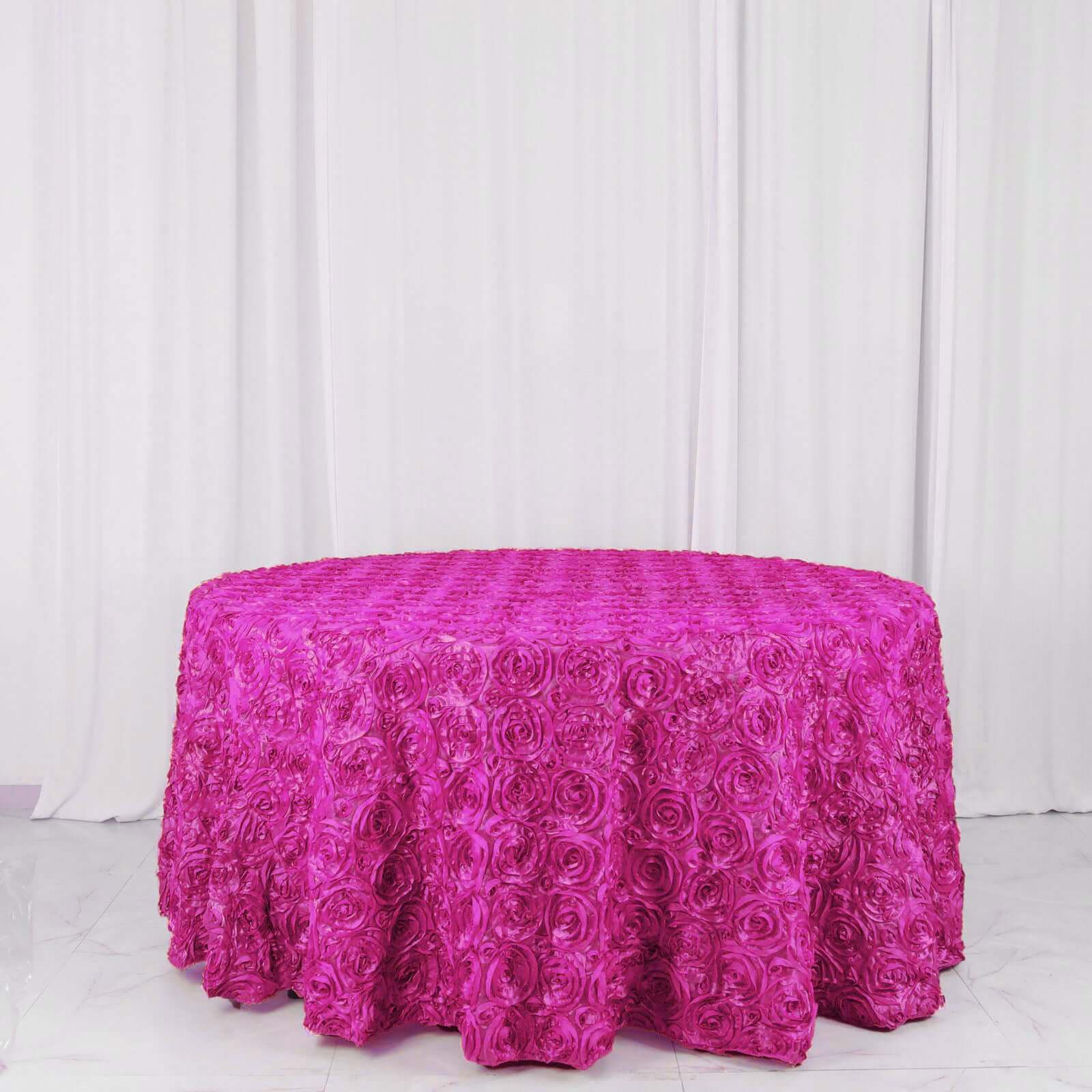 Satin 120" Round Tablecloth Fuchsia - Grandiose 3D Rosette with Seamless Finish Table Cover