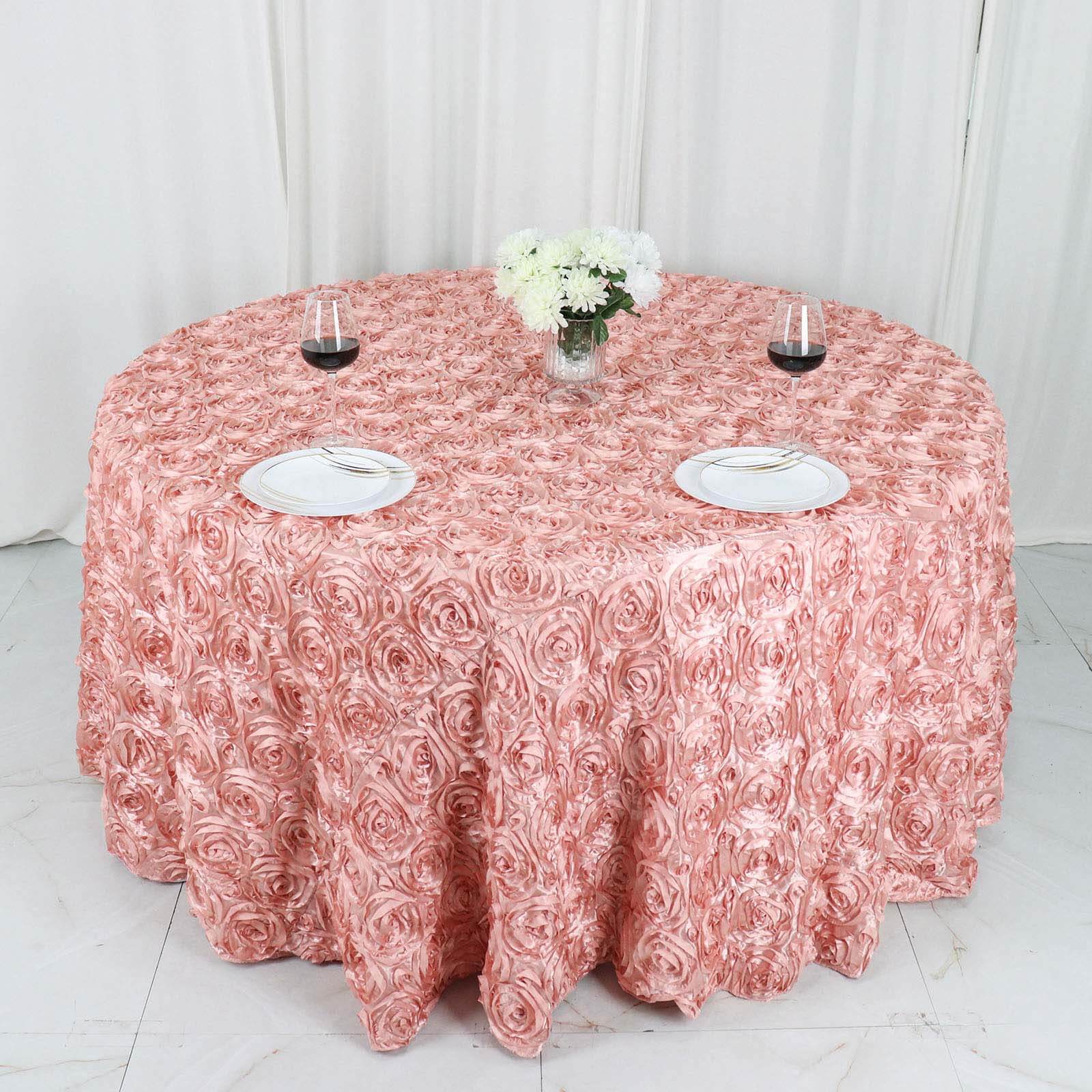Satin 120" Round Tablecloth Dusty Rose - Grandiose 3D Rosette with Seamless Finish Table Cover