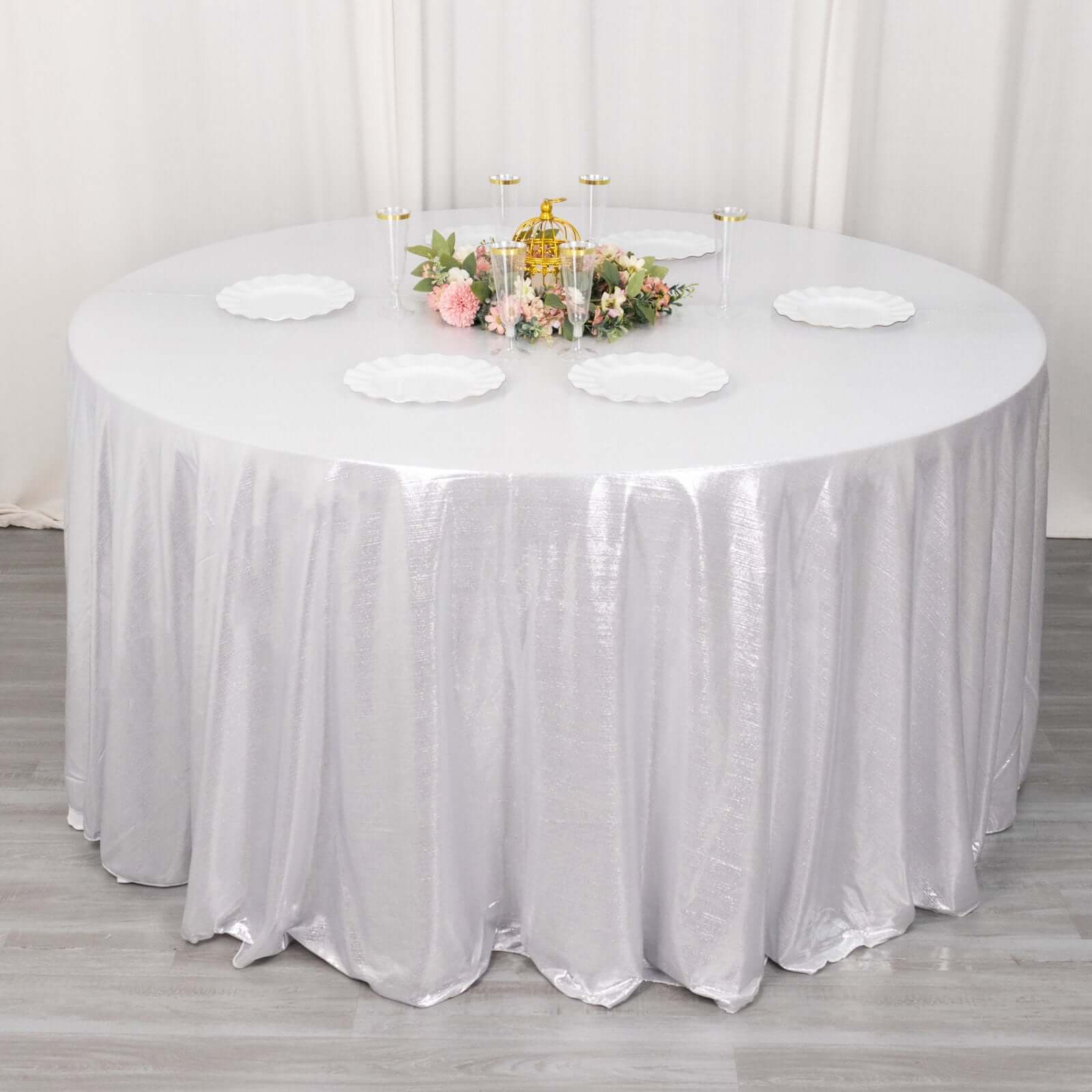 Sequin Dots Polyester Round 120" Tablecloth Silver - Wrinkle Free & Sparkling Table Cover