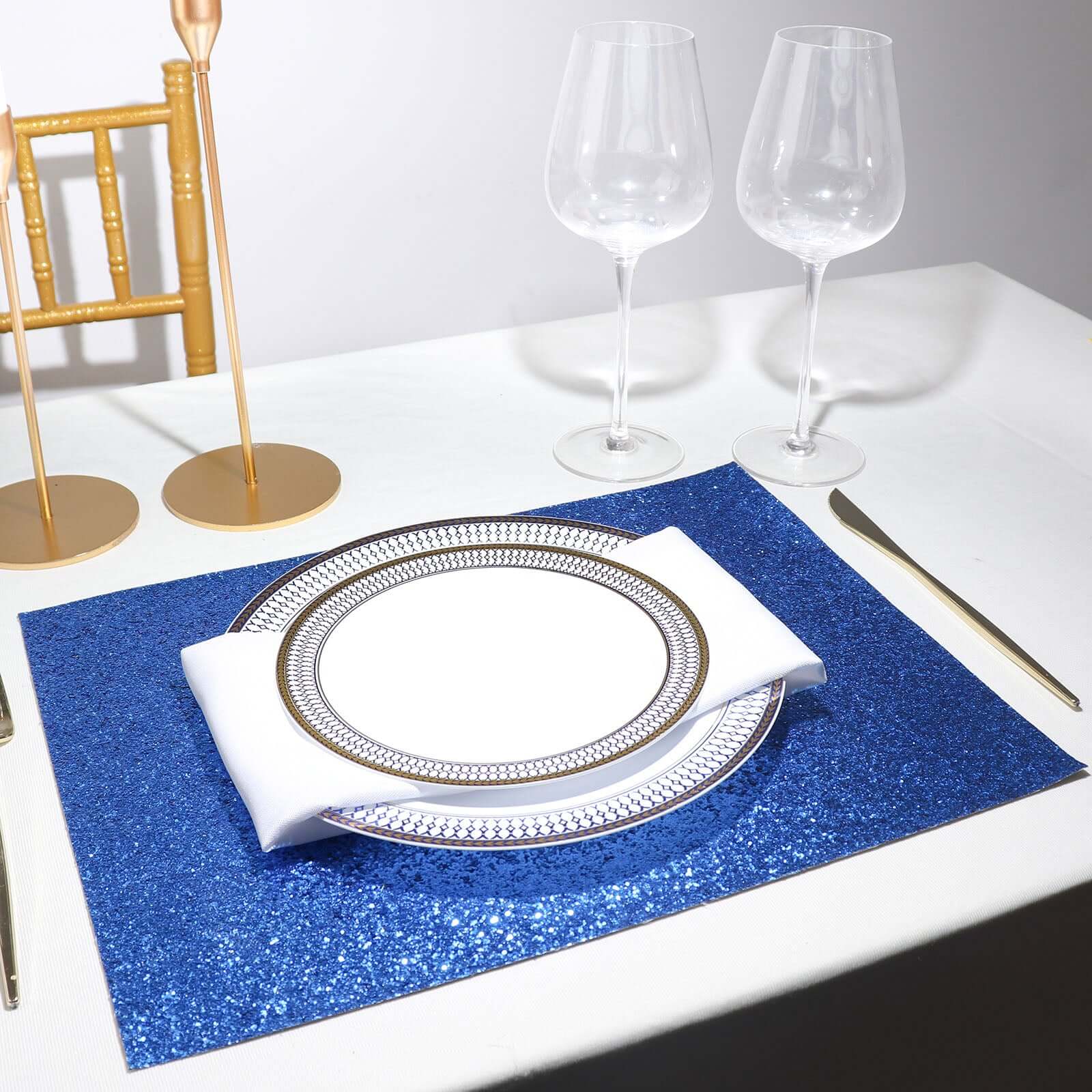 6-Pack Placemats Glitter Design Royal Blue Sparkle Rectangle - Non-Slip Decorative Dining Table Mats 12"x18"