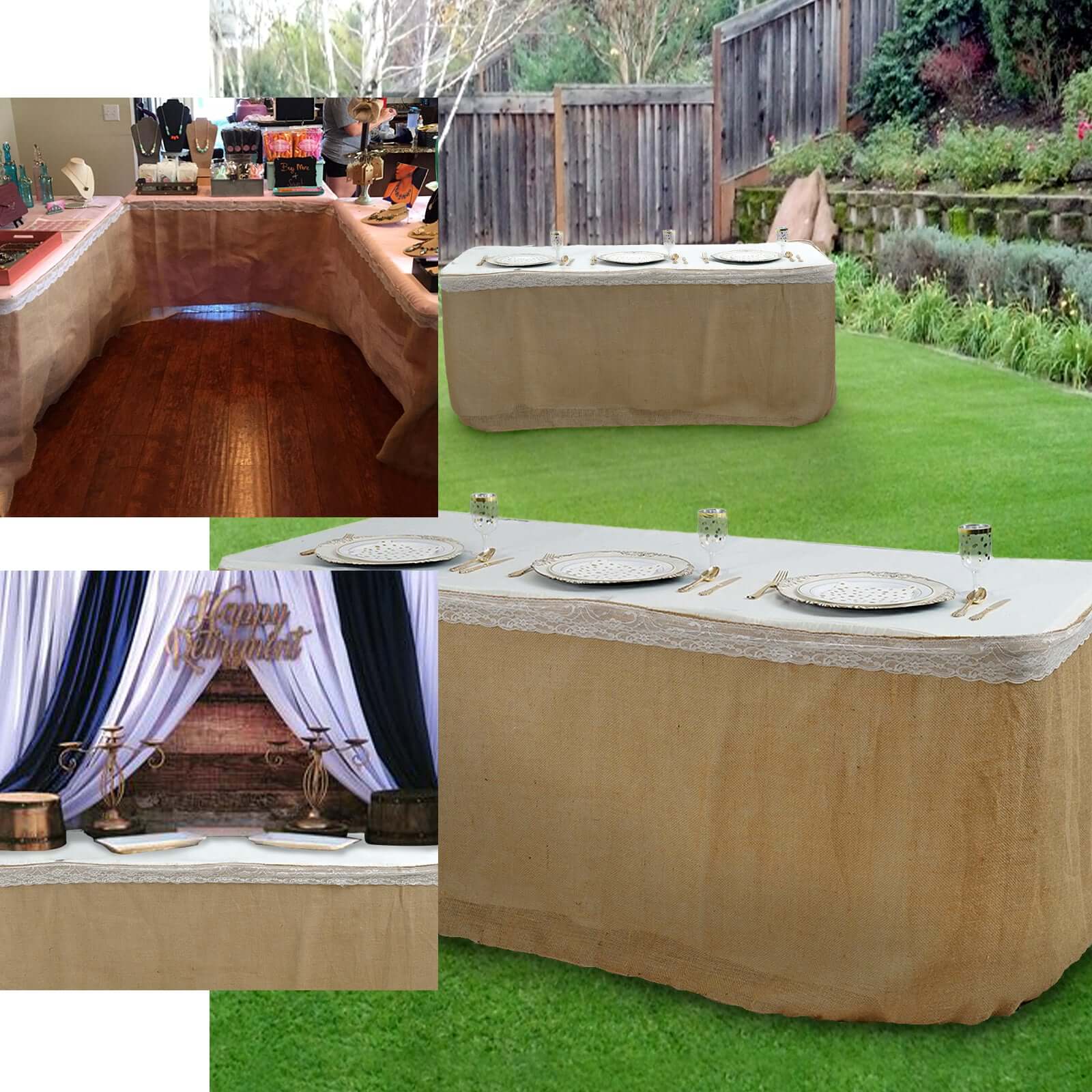 Burlap Jute 14ft Table Skirt Natural with Laced Edges - Rustic Vintage Event Table Linen