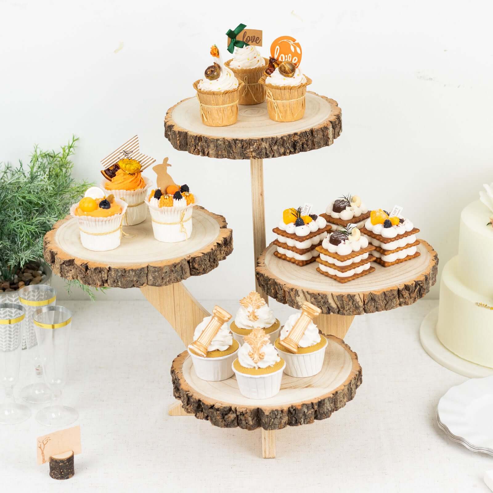 4-Tier Wooden Cupcake Stand Farmhouse Style Natural Wood Slice Design - Rustic Dessert Display Cake Holder 15" Tall