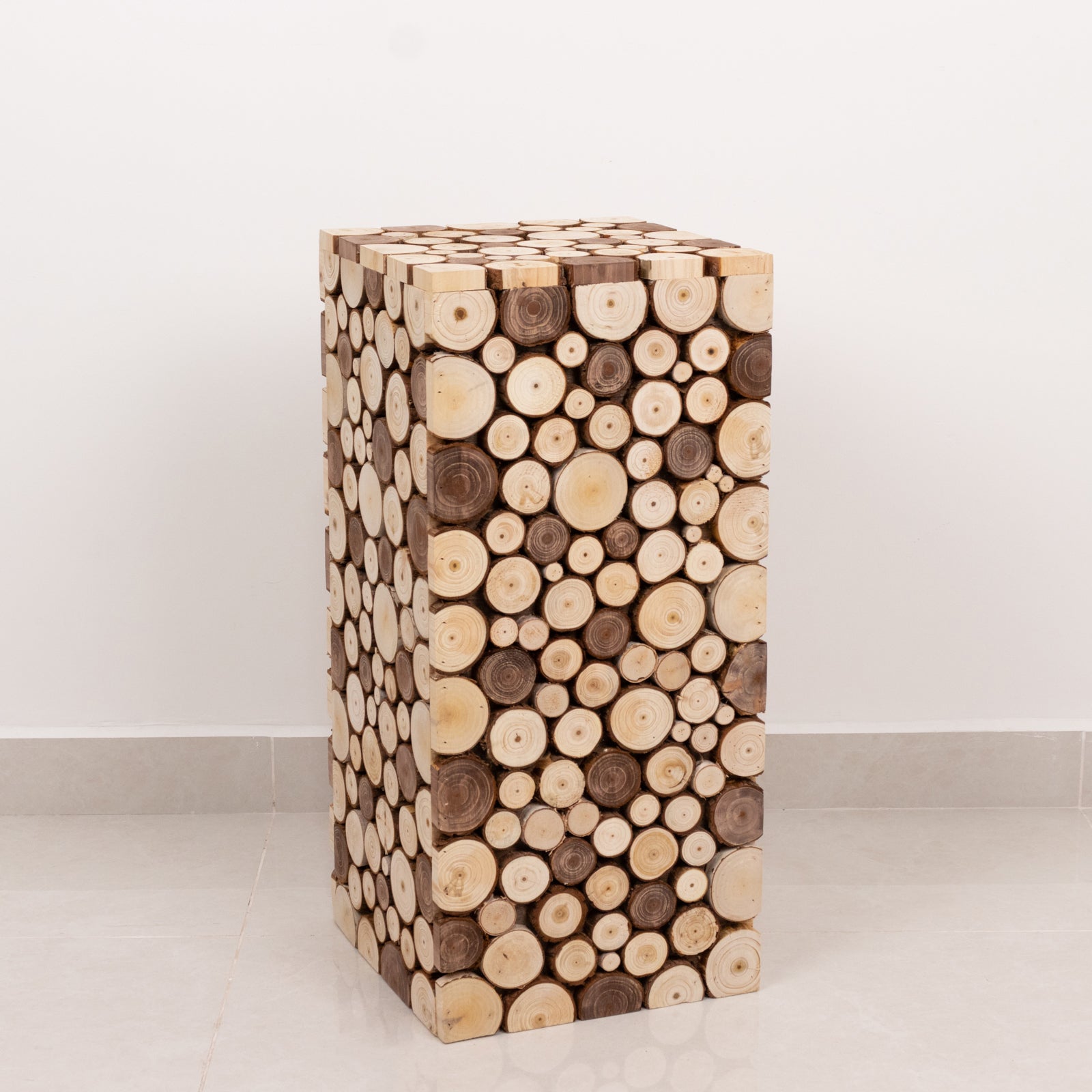 24" Natural Wooden Slices Pillar Prop Pedestal Stand, Rustic Farmhouse Wood Riser Rectangular Plant Stand