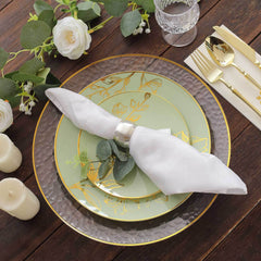 Set of 20 Plastic Round Dinner and Dessert Plates in Sage Green with Metallic Gold Floral Design - Stylish Disposable Dinnerware 8", 10"