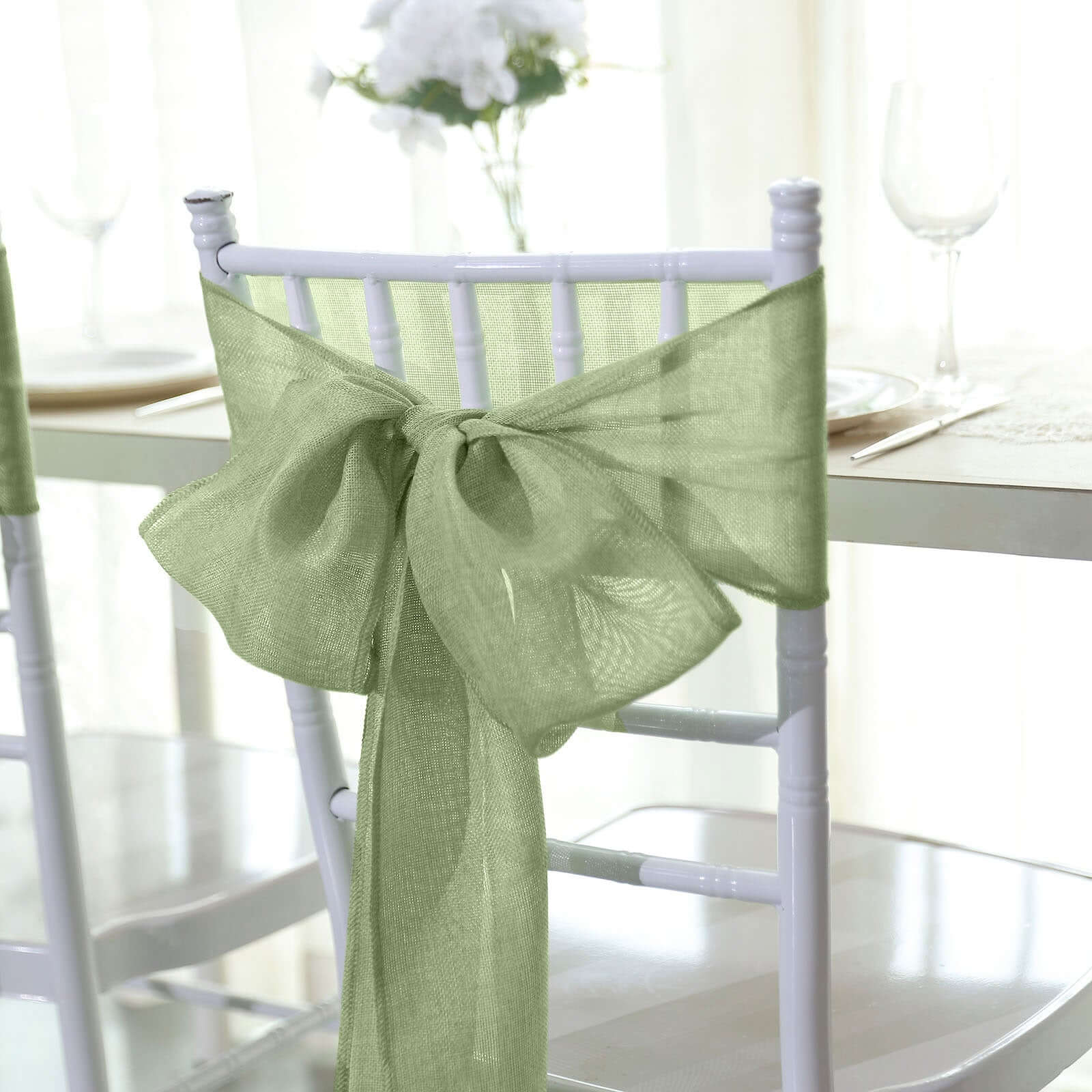 5 Pack Jute Faux Burlap 6"x108" Chair Sashes Sage Green - Boho Chic Linen Decor