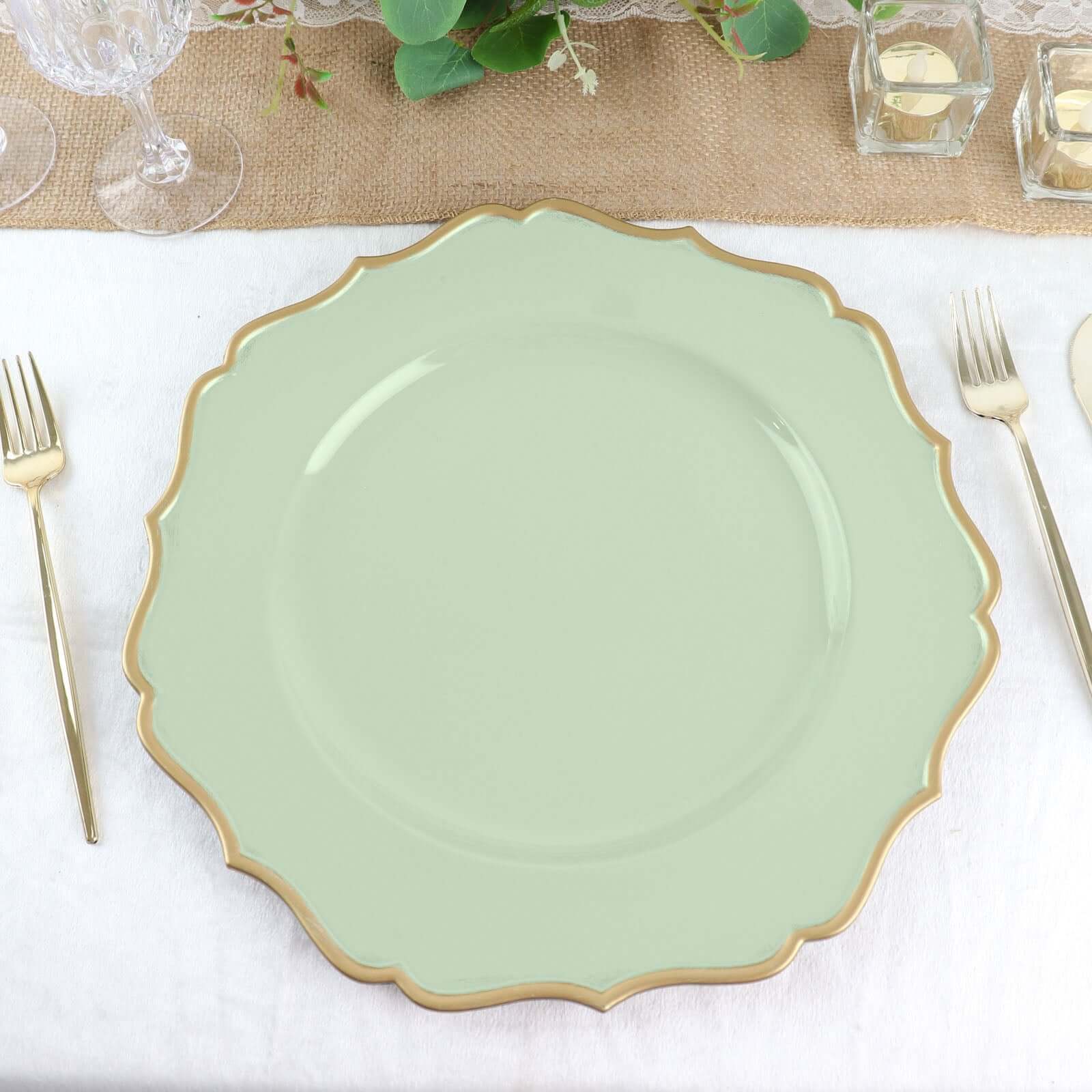 6-Pack Acrylic Round Charger Plates 13" in Sage Sage Green with Gold Scalloped Rim, Decorative Dinner Party Plastic Charger Tableware
