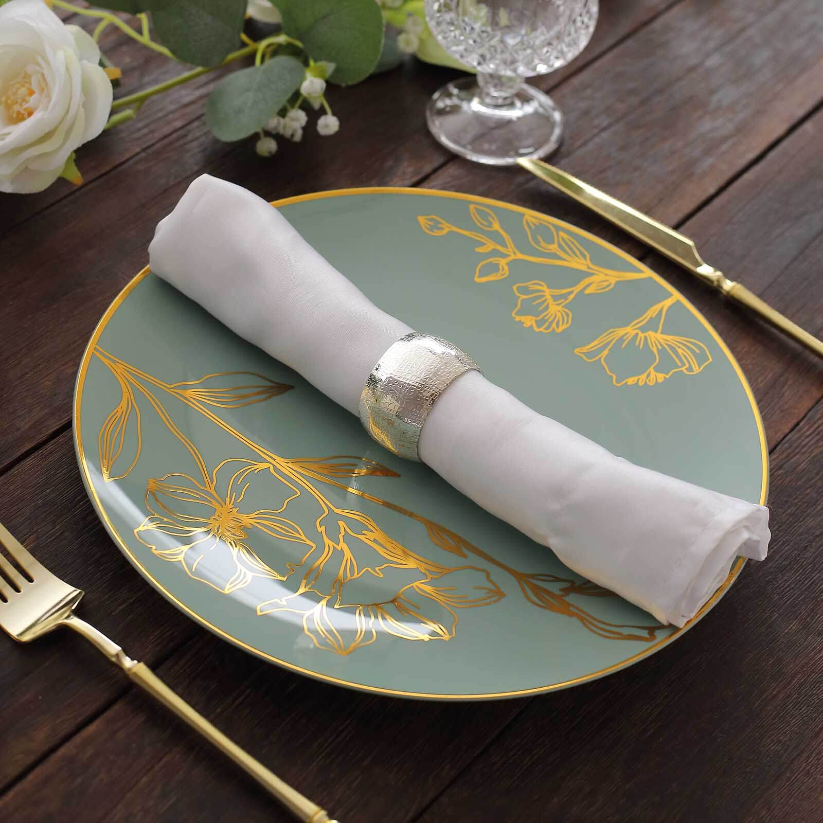 Set of 20 Plastic Round Dinner and Dessert Plates in Dusty Sage Green with Metallic Gold Floral Design - Stylish Disposable Dinnerware 8", 10"