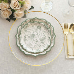 25-Pack Paper 10" Round Dinner Plates in White with Sage Green French Toile Design & Scalloped Rim - Disposable 300GSM Party Plates for Classy Events & Special Occasions