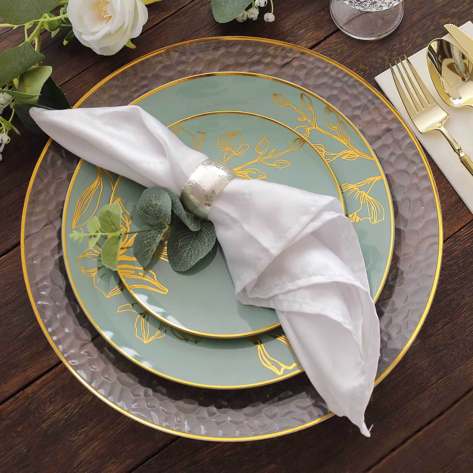 Set of 20 Plastic Round Dinner and Dessert Plates in Dusty Sage Green with Metallic Gold Floral Design - Stylish Disposable Dinnerware 8", 10"