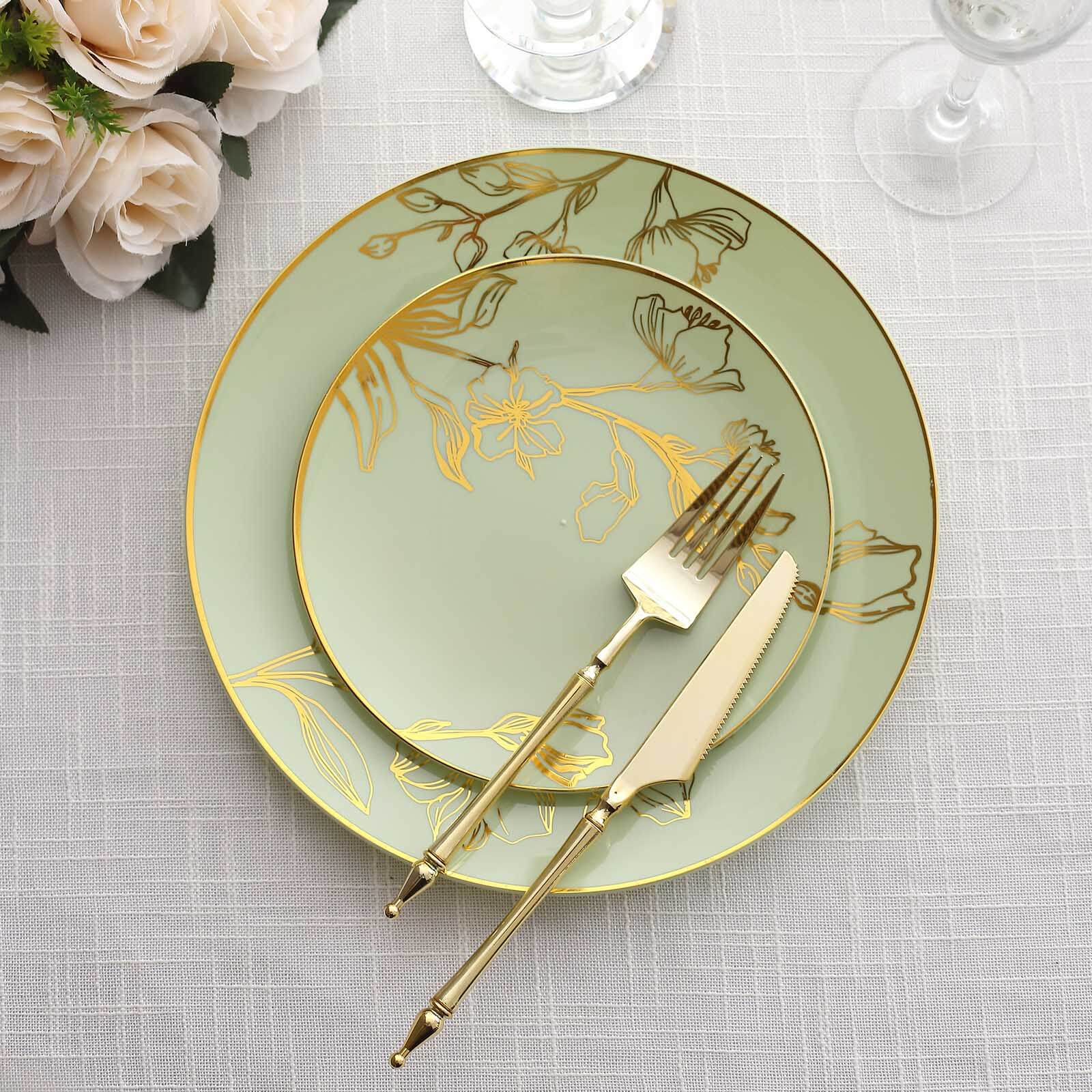 Set of 20 Plastic Round Dinner and Dessert Plates in Sage Green with Metallic Gold Floral Design - Stylish Disposable Dinnerware 8", 10"