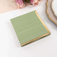 50-Pack Paper Beverage Napkins Sage Green with Gold Foil Edge - 2 Ply Disposable Soft 18GSM Cocktail Napkins 5"x5"