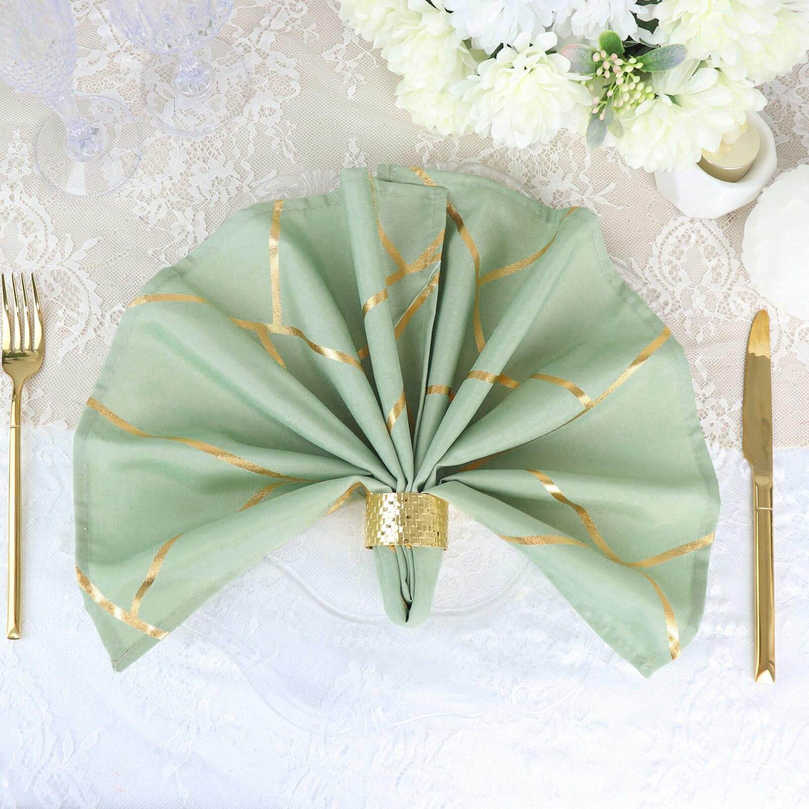 5 Pack Polyester 20"x20" Napkins Sage Green with Gold Geometric Foil Pattern - Modern Reusable Dinner Napkins
