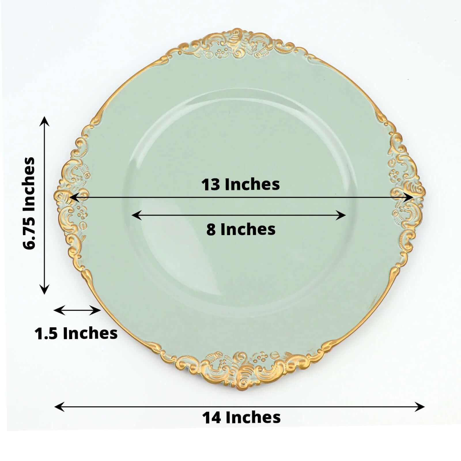 6-Pack Acrylic Round Charger Plates 13" in Sage Green with Gold Embossed Baroque Rim, Antique Decorative Dinner Party Charger Tableware