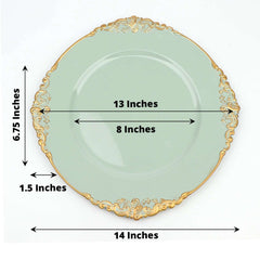 6-Pack Acrylic Round Charger Plates 13" in Sage Green with Gold Embossed Baroque Rim, Antique Decorative Dinner Party Charger Tableware