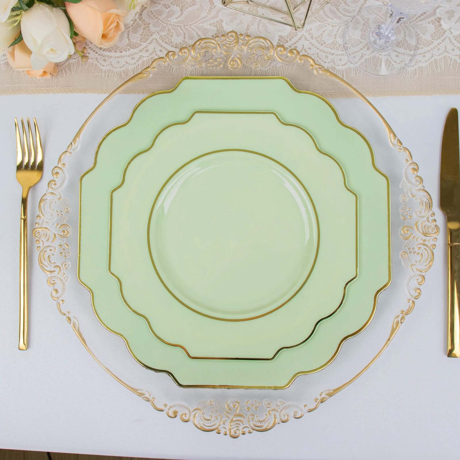 10-Pack Plastic Dessert Appetizer Plates in Sage Green Baroque Design with Scalloped Gold Rim - Heavy Duty Disposable Salad Plates 8"