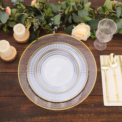 10-Pack Plastic 7" Round Dessert Plates in White with Gold Navy Blue Chord Rim - Renaissance Style Disposable Salad Appetizer Plates for Events & Banquets