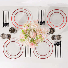 10-Pack Plastic 7" Round Appetizer Plates in Clear with Red Rim - Sleek Disposable Salad Plates for Banquets & Special Occasions