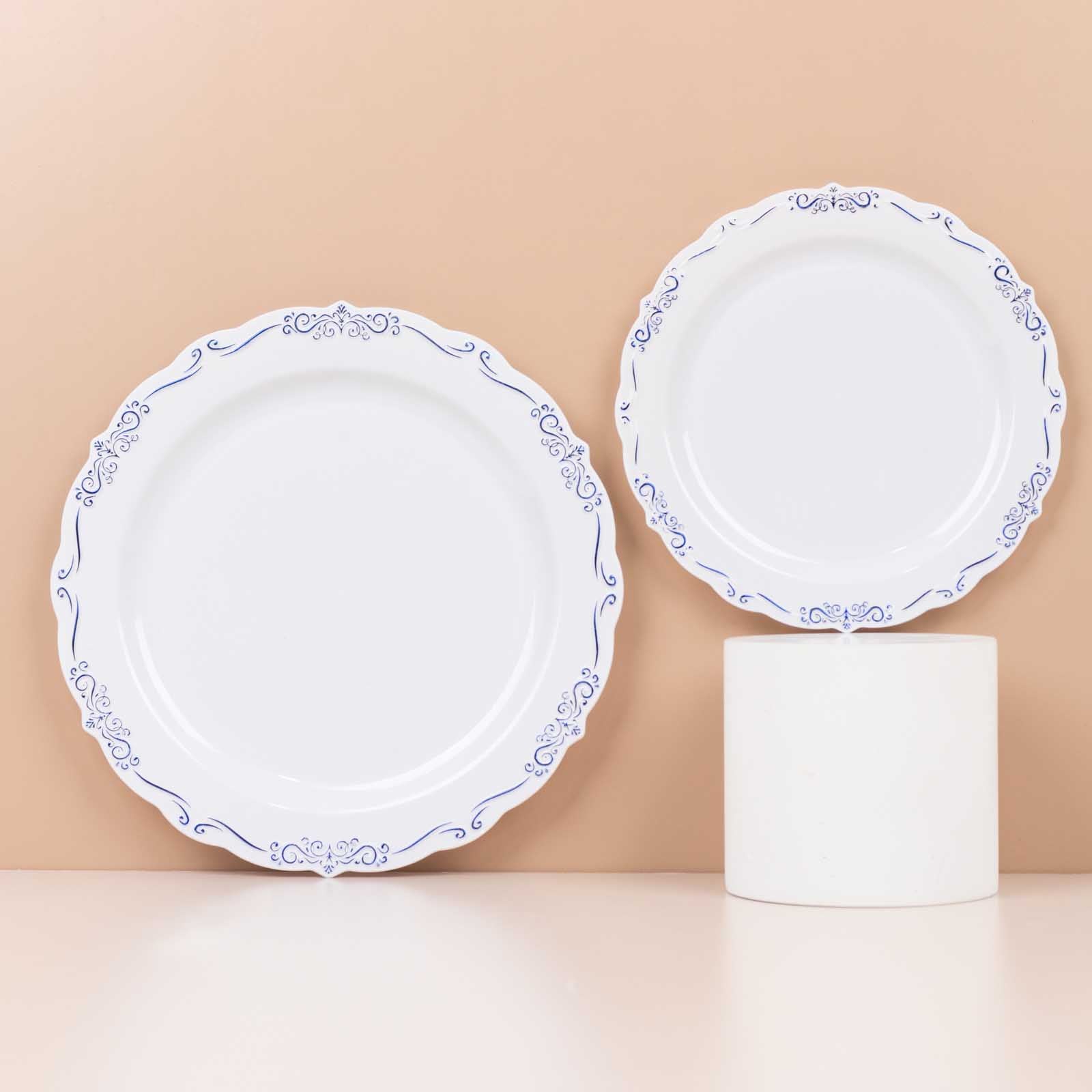 10-Pack Plastic 7" Round Dessert Plates in White with Blue Vintage Embossed Rim - Sturdy Disposable Scalloped Edge Salad Plates