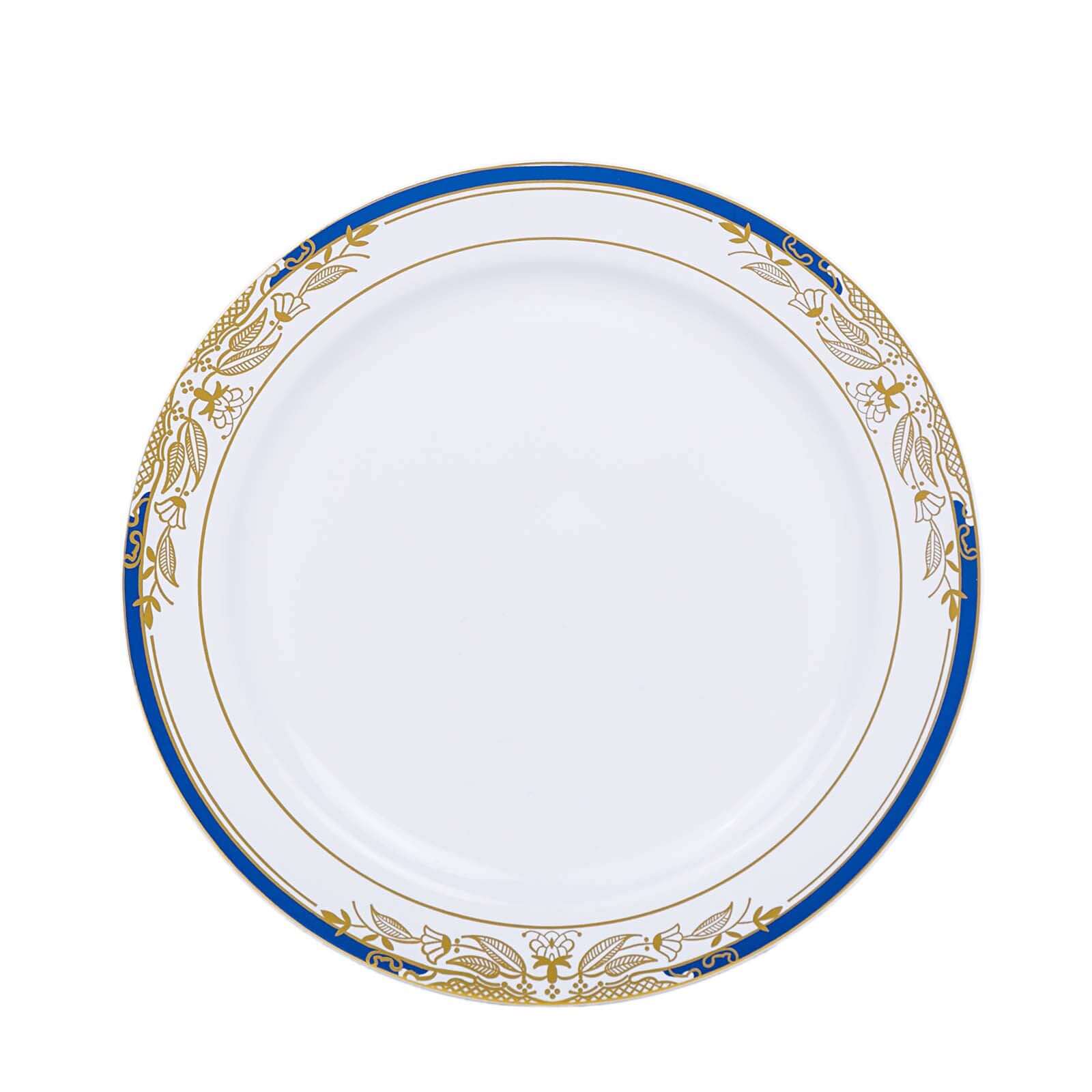 10-Pack Plastic 8" Round Dessert Plates in White with Royal Blue Rim - Stylish Gold Vine Design Disposable Salad/Appetizer Plates for Special Occasions & Celebrations