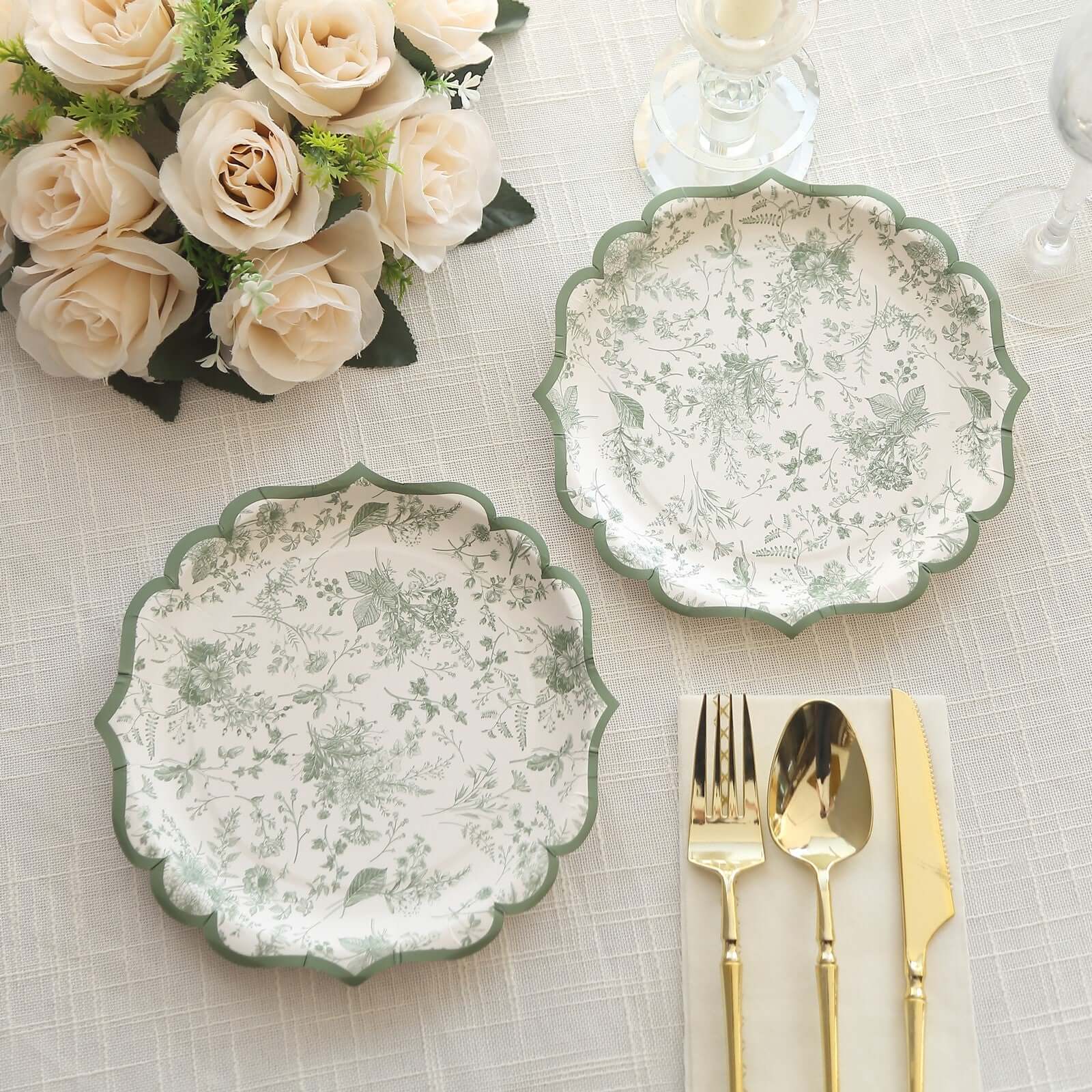25-Pack Paper 8" Round Dessert Plates in White with Sage Green French Toile Design & Scalloped Rim - Disposable 300GSM Salad Appetizer Plates for Stylish Table Decor
