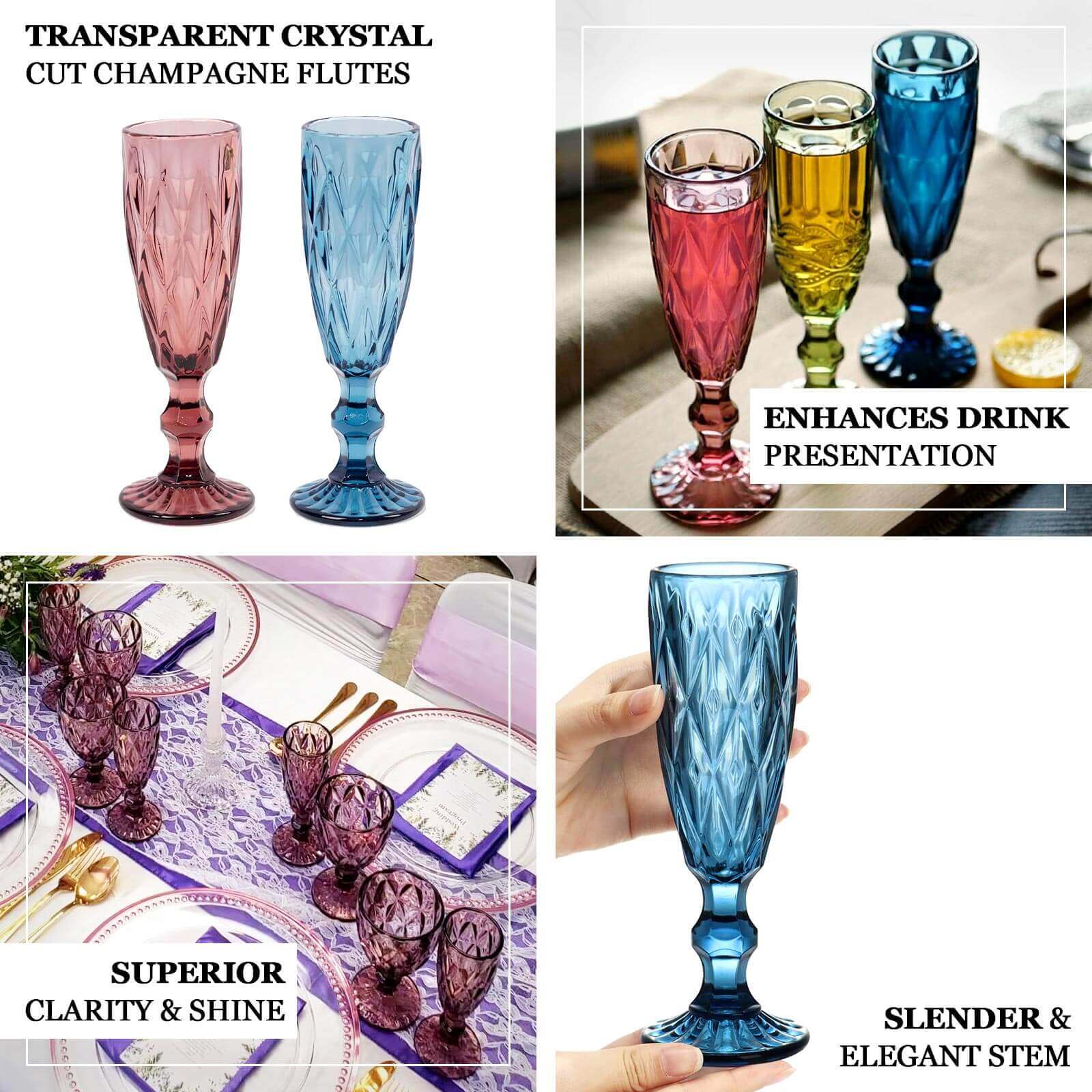 6-Pack Champagne Flute Glasses Transparent Amber Gold Textured Crystal Cut Design - Chic Wine Goblets for Parties & Events 6oz 8"
