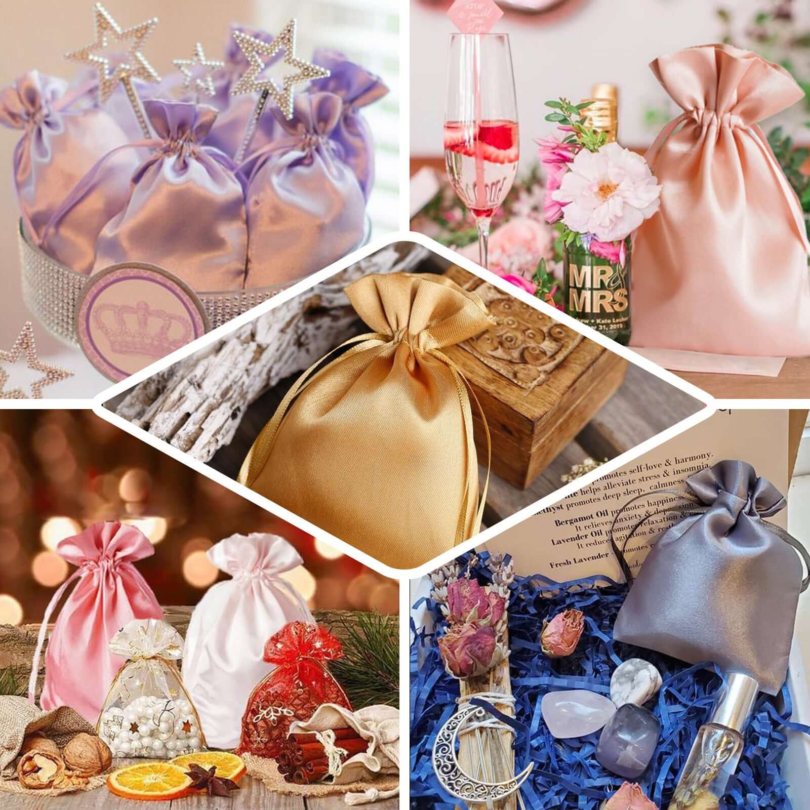 12 Pack 6"x9" White Satin Drawstring Wedding Party Favor Gift Bags