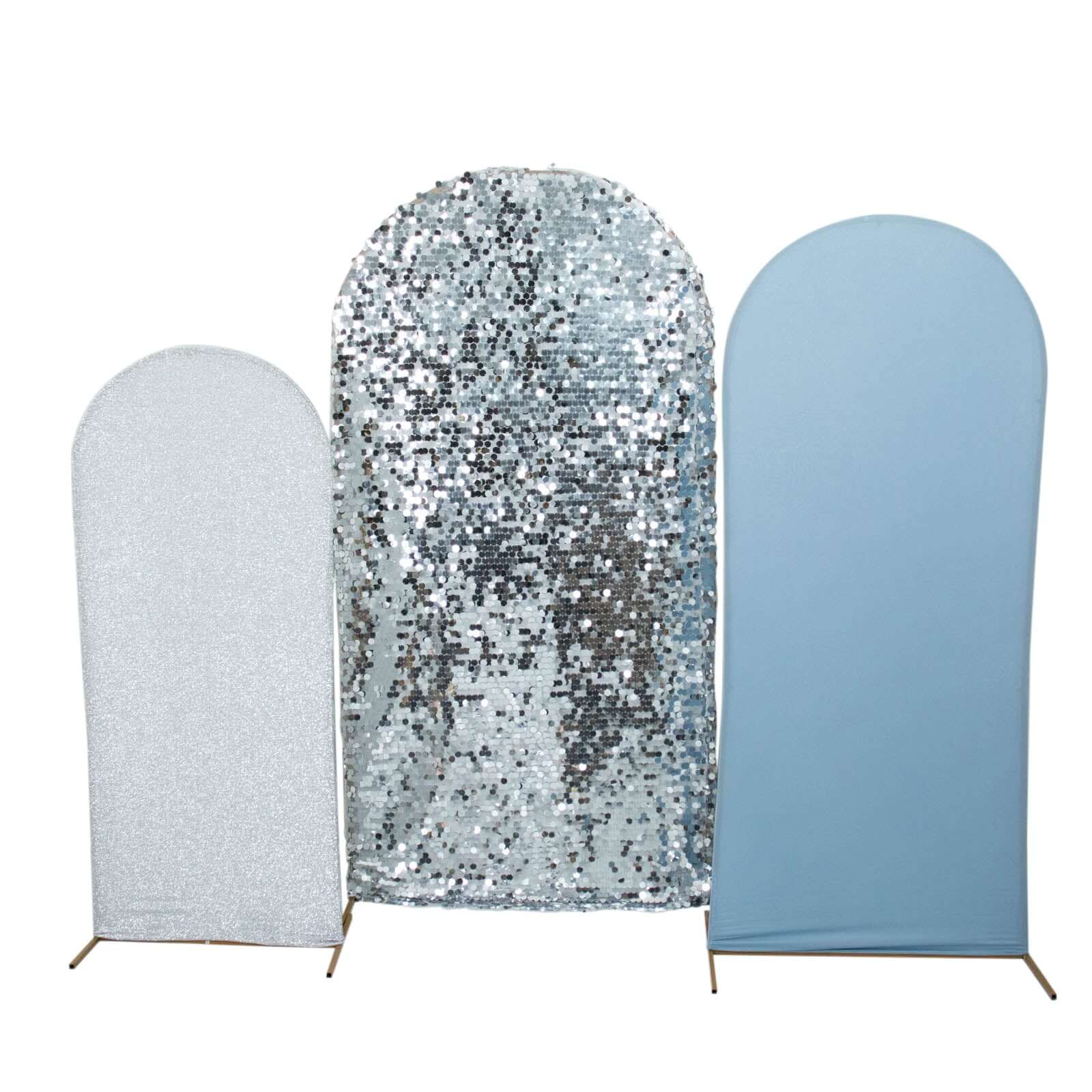 Set of 3 Dusty Blue Silver Round Top Fit Wedding Arch Frame Covers, Big Payette Sequin, Shimmer Tinsel and Matte Spandex Backdrop Stand Covers